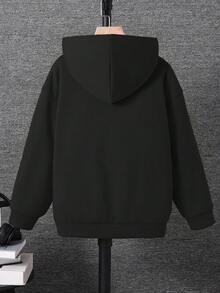 SHEIN 兒童 1 件大童男孩黑色連帽冬季開襟衫 寬鬆版型 秋季休閒城市運動學院風復古貼袋 開學日常穿搭 - 黑色 - 查看 2
