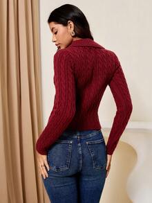 Lyxana Women's Turndown Collar Zipper Front Cable Knit Cardigan - Burgundy - View 2