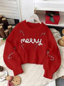 1pc Girls Merry Christmas Embroidered Letter Oversized Crew Neck Knit Sweater,Casual Autumn Red Pullover,Family Matching Red And White Gingham Tween - Red - View 1