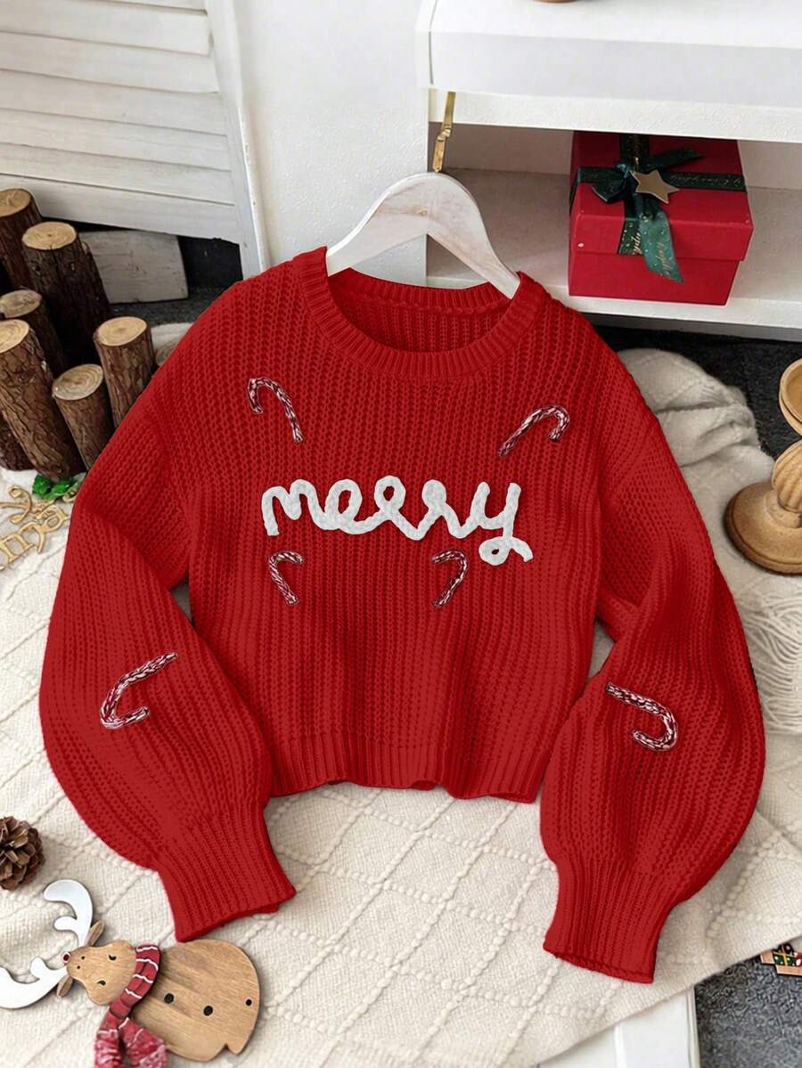 1pc Girls Merry Christmas Embroidered Letter Oversized Crew Neck Knit Sweater,Casual Autumn Red Pullover,Family Matching Red And White Gingham Tween - Red - View 1