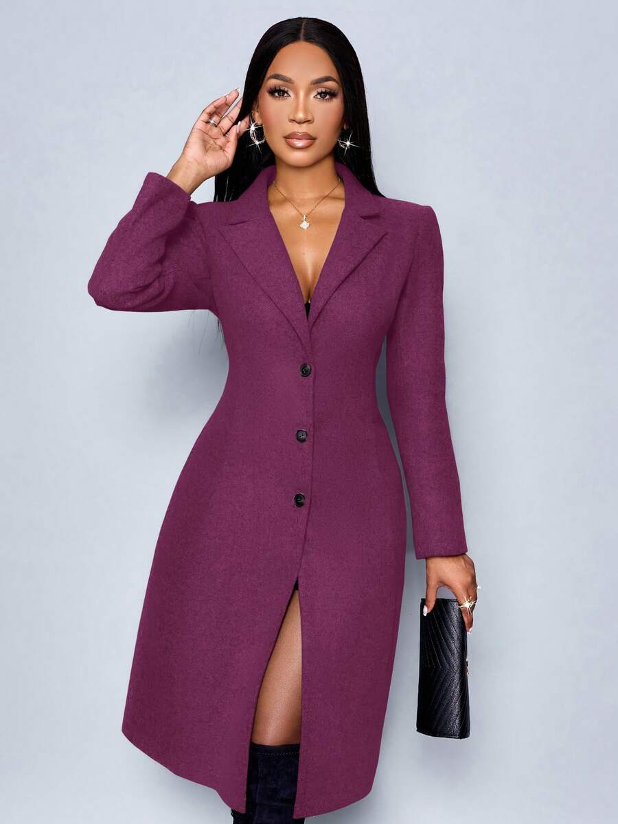 SOLERSUN 冬季女装优雅性感新年派对圣诞冬季夹克保暖长款妮子西装外套职业通勤收腰冬季夹克感恩节女装中长款外套 - 紫色 - 查看 1