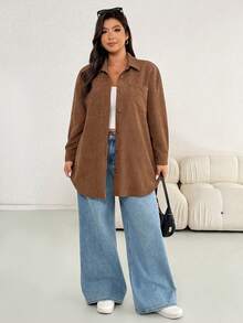 SHEIN Essnce 大码女式苹果型身材时尚休闲舒适日常基本款棕色灯芯绒纽扣超宽松衬衫，女式衬衫，简约春季款 - 棕色 - 查看 8
