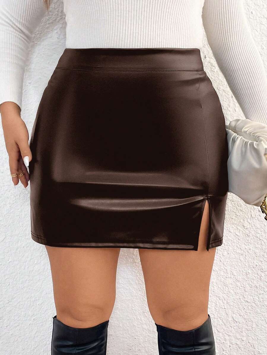 SHEIN Frenchy Falda ajustado con abertura alta y dobladillo envuelto, talla grande, para primavera - Marrón - Ver 1