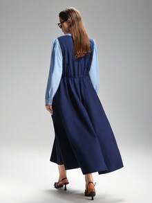 LYSMO Plus Size 2 In 1 Contrast Color A-Line Long Casual Dress Dress Modest Blue Elegant Dress Women - Blue - View 2