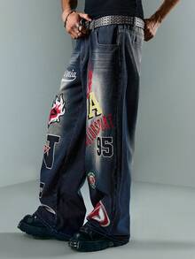 ROMWE MEN Grunge Punk Jeans rectos y sueltos con bordados y bolsillos para hombre, moda urbana - Azul - Ver 6