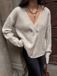 SHEIN Unity 秋冬V领罗纹宽松休闲双排扣独特时尚通勤日常开衫毛衣 - 杏色 - 查看 4