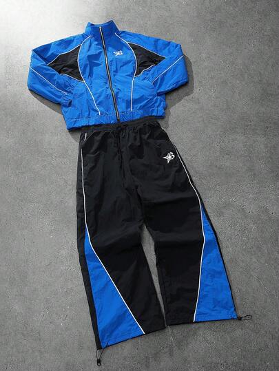 PAVTROS 2 piezas Conjunto de chándal de estilo vintage para hombres, chaqueta con cuello alto y pantalones, diseño de bloques de color azul y negro, diseño brillante único, adecuado para deportes, al aire libre, vuelta al colegio, uso casual, regalo de vacaciones