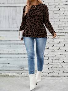 EMERY ROSE New Arrival Plus Size Women Round Neck Layered Design Long Sleeve T-Shirt - Brown - View 5