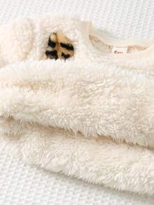 Cozy Pixies 女婴豹纹蝴蝶结猫咪刺绣毛绒圆领长袖套头卫衣 女婴冬季服装 女婴 - 杏色 - 查看 5