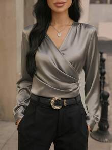 SHEIN Clasi 女式 V 领褶皱纯色长款休闲优雅衬衫，适合工作、约会、居家、派对、日常穿着、秋季 - 灰色 - 查看 5