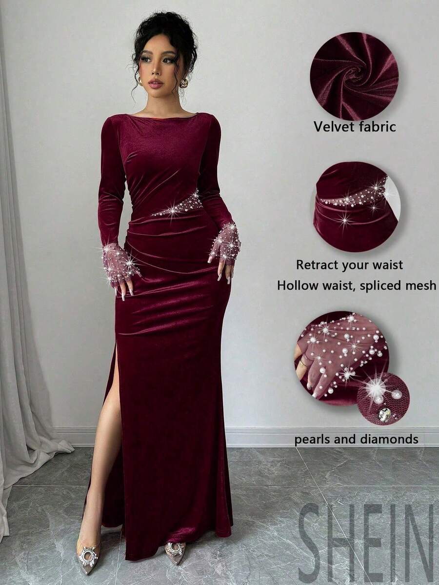 Elenzga 优雅浪漫天鹅绒长袖连衣裙，珍珠串珠，腰部褶皱，开衩，适合情人节、圣诞节、感恩节、派对、节日、冬季和秋季 - 酒紅色 - 查看 1