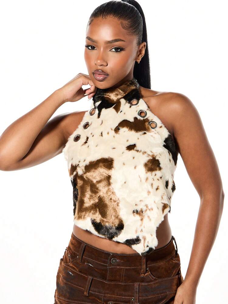 SUMWON WOMEN Cow Print Halter Crop Top With Open Back