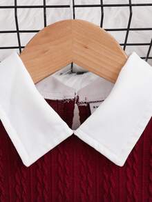 SHEIN Váy dài tay cổ bẻ chất liệu vải họa tiết thường ngày cho bé gái, thích hợp mặc vào mùa xuân, mùa thu, mùa đông, trong nhà, ngoài trời, trở lại trường, mặc hàng ngày - Màu Đỏ Sâu - Xem 3