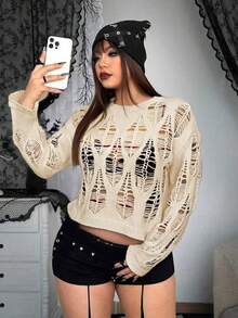 Whyspr 大码秋冬新款时尚创意几何镂空图案针织圆领长袖短款毛衣，修身显瘦休闲舒适简约设计女式针织上衣 - 杏色 - 查看 4