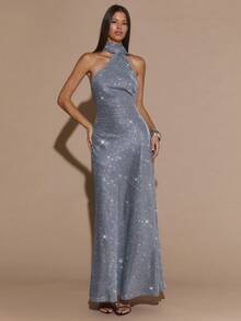 SHEIN BAE 纯银闪光女式派对礼服，秋冬款，露背垂坠领修身优雅长款美人鱼裙，适合约会、音乐节、生日、早午餐、婚礼、派对、万圣节、圣诞节 - 銀色 - 查看 3