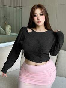 Dazy Plus Áo thun nữ tay dài dáng ôm, dáng croptop, thiết kế lệch vai bất đối xứng cỡ lớn - màu đen - Xem 7