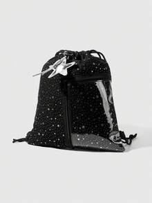 ROMWE Anime 星空印花图案，配五角星吊坠，大容量多口袋拉链透明口袋抽绳背包，时尚百搭，适合上学、度假、聚会、购物等场合。 - 黑色 - 查看 5