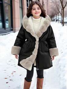 SHEIN 1 Áo khoác có đệm cho bé gái, thiết kế tay áo bông, thích hợp mặc thường ngày vào mùa đông - màu đen - Xem 3