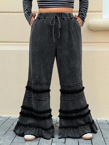 Muchica 秋冬大码休闲水洗荷叶边下摆阔腿裤 - 黑色 - 查看 4