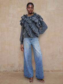 Lumalex VITNOS 奢华秋冬新款女士宽松休闲高领长袖针织灰色毛衣，饰有荷叶边下摆和亮片装饰，层叠荷叶边设计，适合假日度假穿着。这款荷叶边针织衫采用灰色荷叶边设计，休闲舒适，适合日常穿着，秋冬休闲风，尽显时尚魅力，是派对造型的理想之选。这款奢华毛衣适合秋冬穿着，也适合新年、大地色系女性、优雅女性、法式优雅、舒适保暖，是周末、秋季工作日等场合的时尚之选，适合约会、外出、夜生活、派对、婚礼、假日、度假、生日等各种场合。