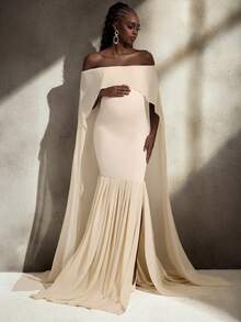 Cheriluna Maternity Maternity Photoshoot Dress, Off-Shoulder Double-Layer Design With Cloak, Fish Tail Hem Floor-Length Gown - Apricot - View 1