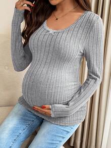 SHEIN Stylish Light Grey Maternity Top Long Sleeve Scoop Neck Knitted Fabric With Elegant Lace And Bow Accent