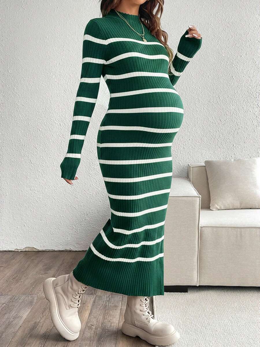 SHEIN Elegant Striped Fitted Ribbed Knit Sweater For Pregnant Women, Autumn/Winter Fall Maternity Dress Striped Maternity Dress Long Sleeve Maternity Dress Knit Midi Maternity Dress Maternity Bodycon Dress - Green - View 1
