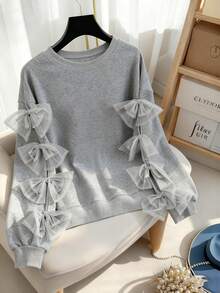 Franclia Plus Size Women Elegant Long Sleeve Solid Color Bow Sweatshirt, Autumn/Winter - Grey - View 1