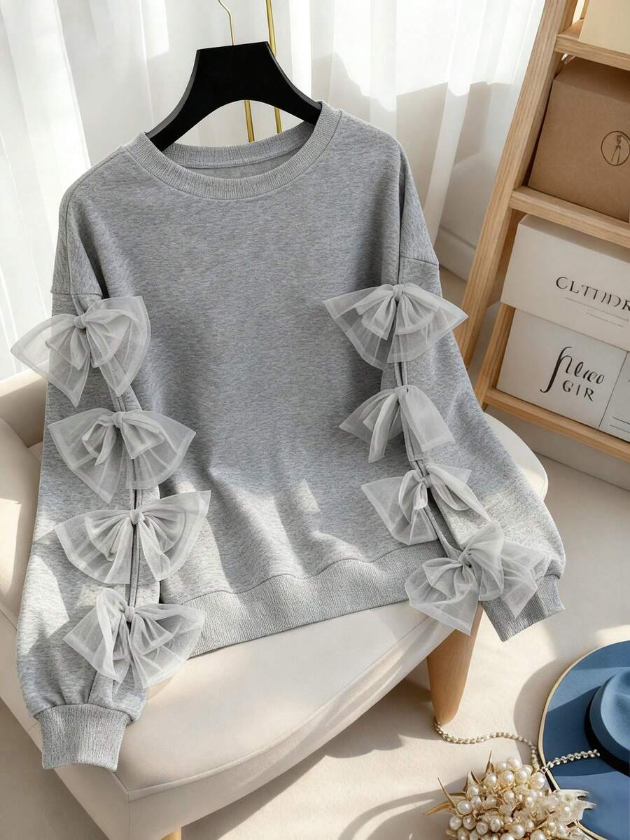 Franclia Plus Size Women Elegant Long Sleeve Solid Color Bow Sweatshirt, Autumn/Winter - Grey - View 1