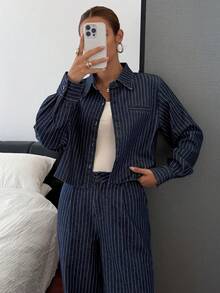 Livesso Women's Casual Striped Shirt Jacket And Straight Leg Pants Suit, Loose Fit Business Casual Office Wear, Autumn/Winter - Dark Wash - View 5