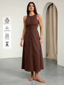 SHEIN Tall فستان قطني بدون أكمام أحادي الصدر كاجوال بني اللون - بني - مشاهدة 3