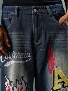 ROMWE MEN Grunge Punk Jeans rectos y sueltos con bordados y bolsillos para hombre, moda urbana - Azul - Ver 7