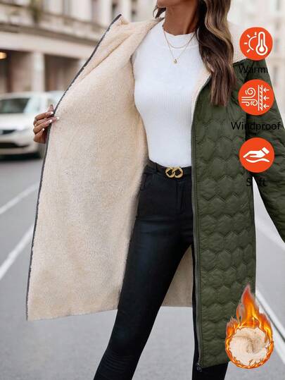 SHEIN Clasi Women's Long Padded Coat, Versatile Classic Design With Hood, Winter Women Long Sleeve Cardigan Fall Women Clothes Outerwear Women Quilted Jacket Women Warm Jacket Women Jacket Women  Winter Clothes For Women  Plush Autumn And Winter Cotton-Padded Jacket With Long Insulation