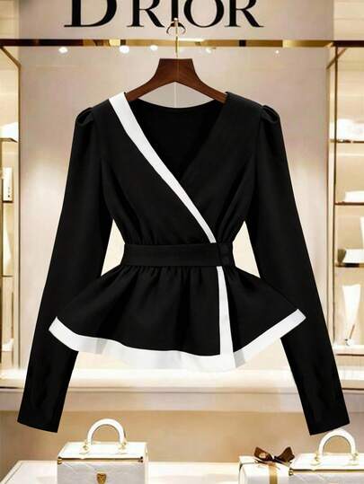 Franclia Women's Autumn/Winter Color-Blocked Button-Decorated V-Neck Long-Sleeved Coat