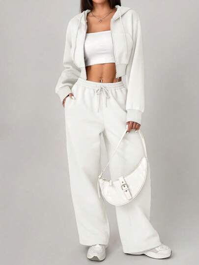 SHEIN PETITE Casual Solid Color Hoodie And Sweatpants Set