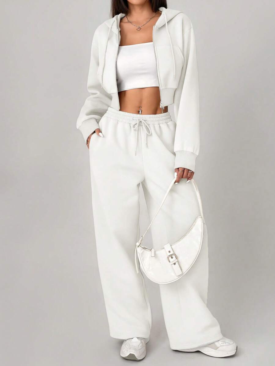 SHEIN PETITE Casual Solid Color Hoodie And Sweatpants Set - White - View 1