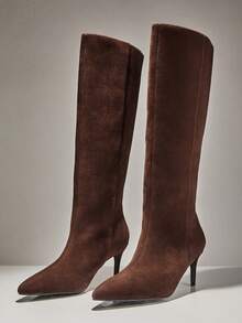 SHUZIA Women Low Heel Minimalist Basic Everyday Comfort Faux Suede Knee-High Boots For Christmas - Chocolate Brown - View 5