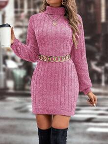 SHEIN Unity 女士时尚休闲高领毛衣裙，秋冬 - 玫紅色 - 查看 5