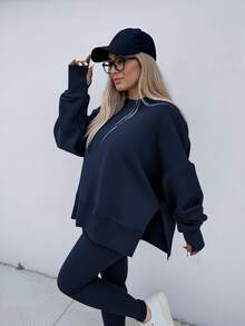 INAWLY 大码女式纯色圆领长袖运动衫和裤子休闲两件套，秋季 - 藏蓝色 - 查看 5