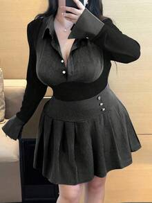 Vibekara Set da 2 pezzi composto da maglia a costine con contrasto di colore e gonna plissettata in vita elastica, taglie comode