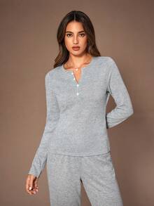 Lazeform Soft Light Gray Fabric Decorated Button Top & Pants Casual Slim Fit Pajama Set, Winter Clothes - Light Grey - View 6