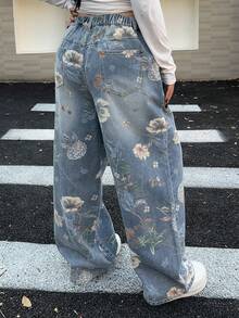 Dazy Plus Valentine Floral Print Straight Leg Long Plus Size Women Jeans - Light Wash - View 2