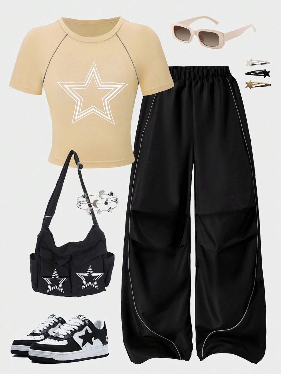 Sparklyn 2 件套休闲 T 恤和裤子套装，适合青少年女孩，胸前印有白色星星，白色装饰抽绳，适合散步、购物、上学，可搭配夹克、背心 - 卡其色 - 查看 1