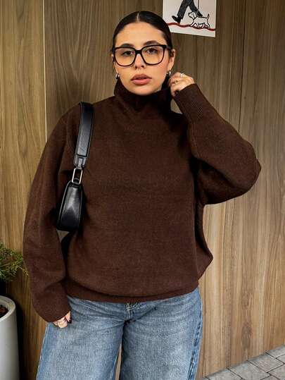 Dazy Plus Suéter holgado de cuello alto de unicolor para mujer de talla grande, otoño/invierno