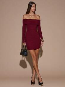 SHEIN BAE 1 chiếc váy ngắn ôm sát tay dài trễ vai màu trơn dành cho nữ, thanh lịch và gợi cảm cho tiệc tùng, cocktail, dịp trang trọng, phù dâu, sinh nhật, giáng sinh, halloween - Màu Đỏ Sâu - Xem 2