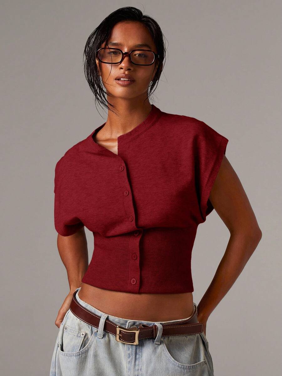 Athîral 女士纯色修身短款针织开衫背心，前开襟纽扣设计，秋冬女装 - 紅色 - 查看 1