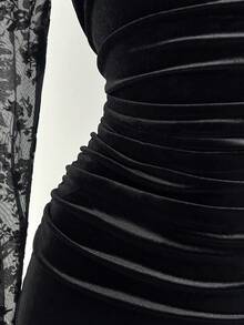 Elamini 女士黑色天鹅绒和网眼面料中式领侧开衩珍珠纽扣褶腰鱼尾长袖超长连衣裙，优雅的中国复古风格，适合派对、通勤、约会，百搭秋冬 - 黑色 - 查看 7