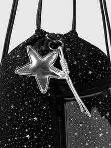 ROMWE Anime 星空印花图案，配五角星吊坠，大容量多口袋拉链透明口袋抽绳背包，时尚百搭，适合上学、度假、聚会、购物等场合。 - 黑色 - 查看 8