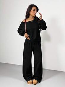 Muchica 女士纯色斜肩长袖上衣和裤子休闲套装 - 黑色 - 查看 1