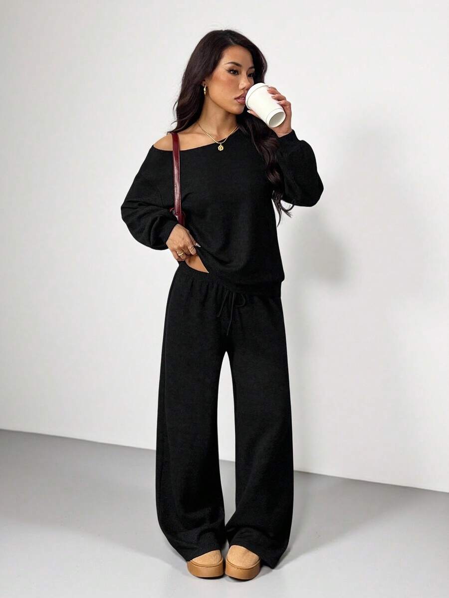 Muchica 女士纯色斜肩长袖上衣和裤子休闲套装 - 黑色 - 查看 1